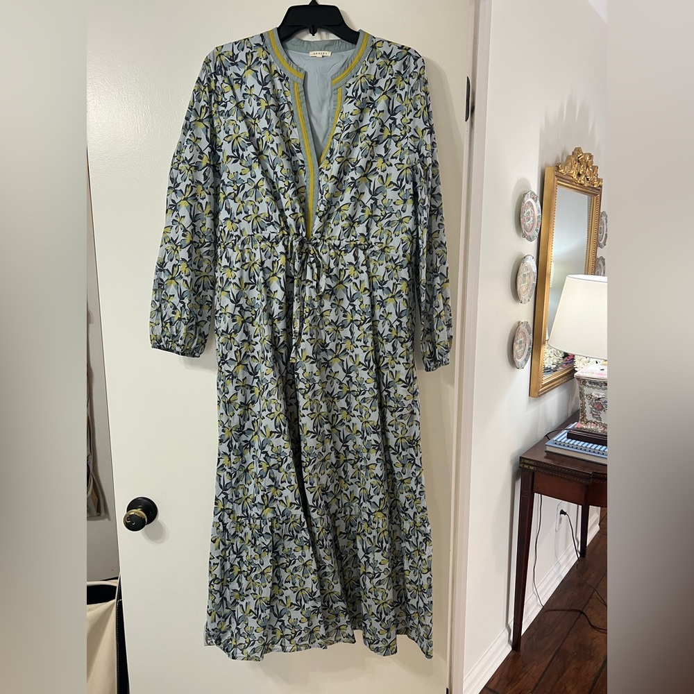 JODIFL Blue Floral Long Sleeve Tiered Maxi Dress with Yellow Trim